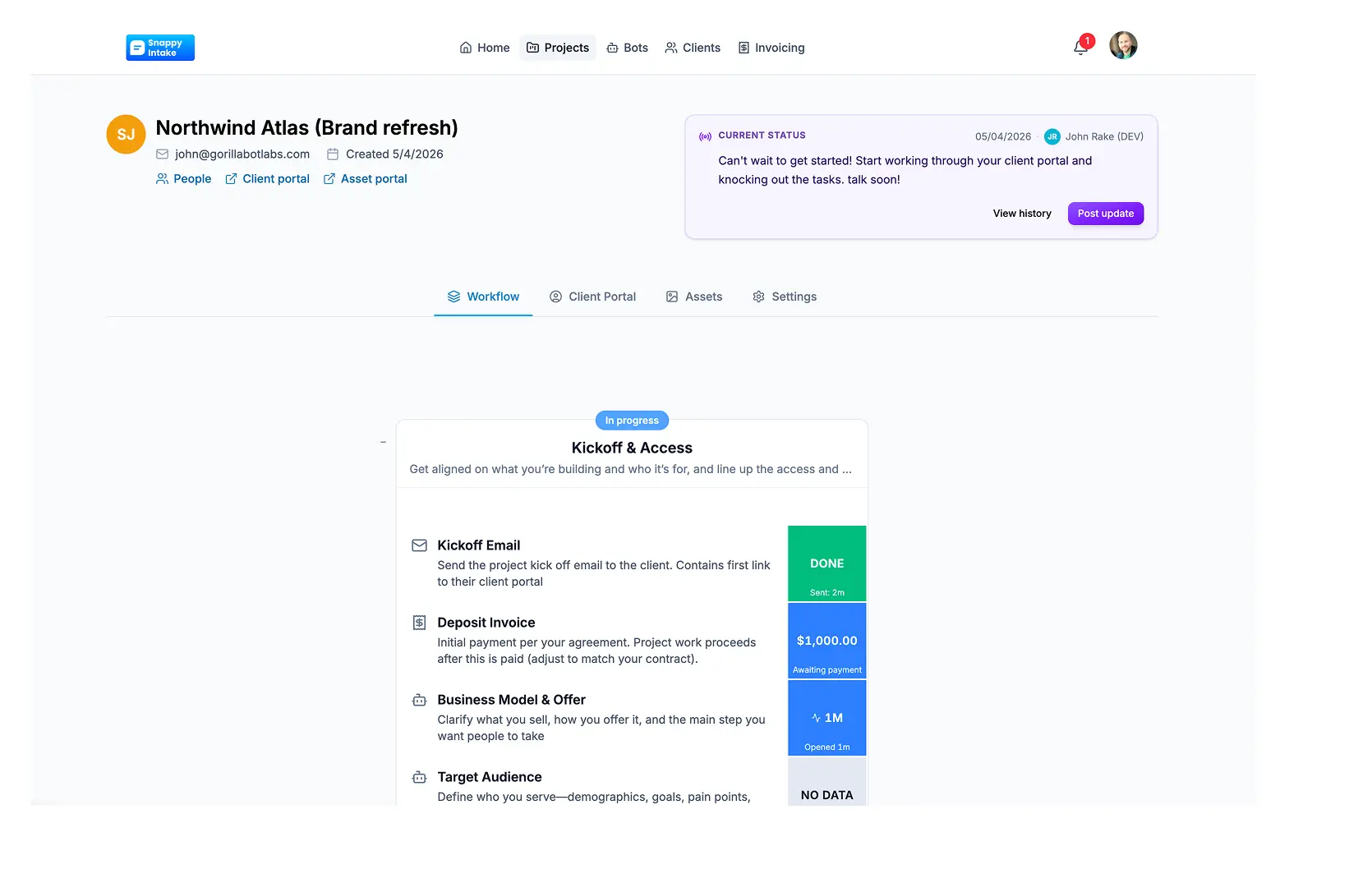 Snappy Intake product UI in a full desktop browser window