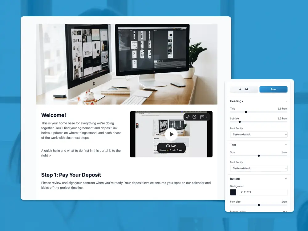 Branded client portal with project status and next steps