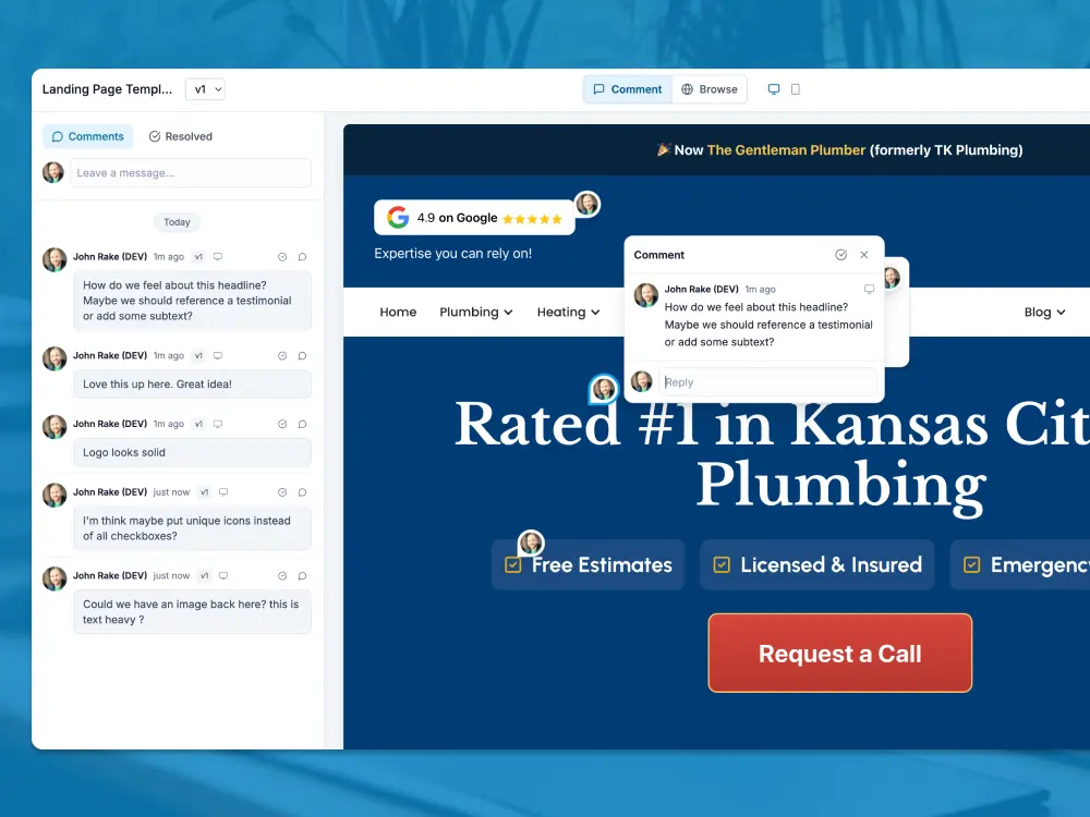 Live design review with site preview and client feedback