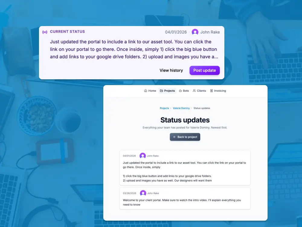 Project status update surfaced for the client on the portal