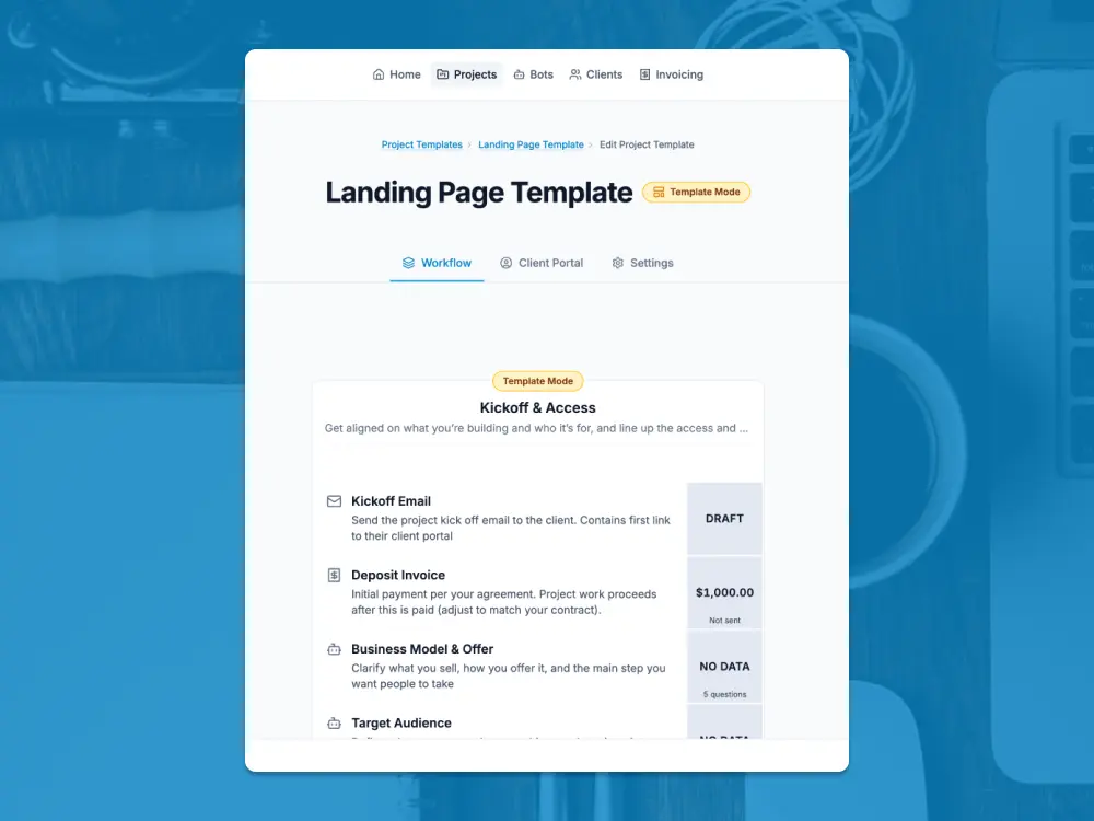 Project templates: workflow and phases mirroring a real engagement